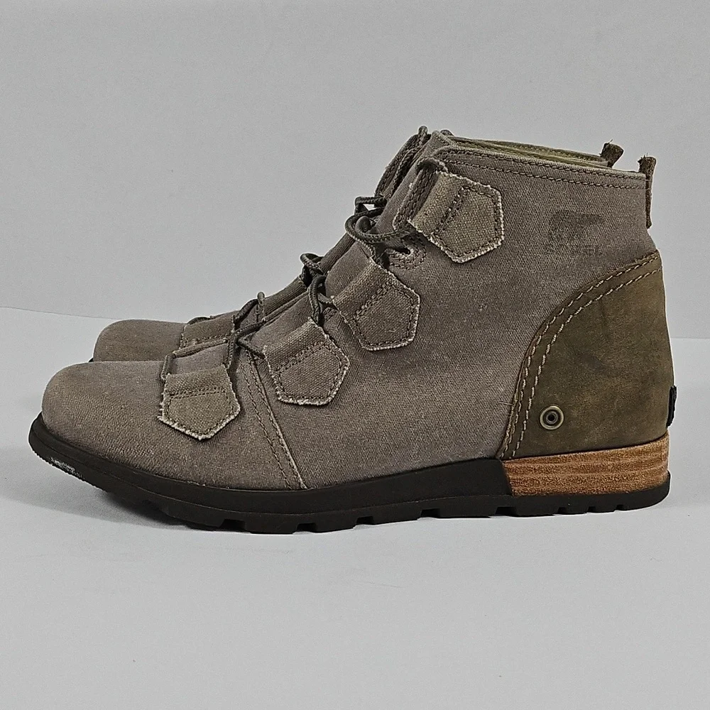 Sorel Major Taupe Grey Canvas & Leather Lace Up Ankle Boots Size 8.5